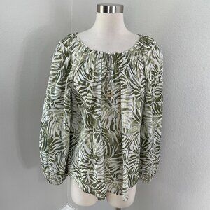 Tommy Bahama Womens Medium Green White Metallic Tropical Cotton Peasant Blouse